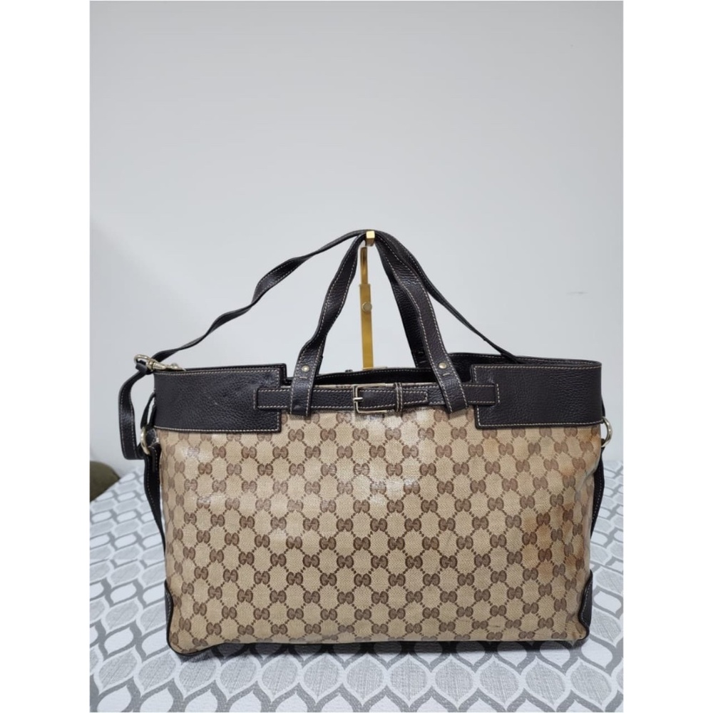 Authentic Gucci GG Canvas/Leather Belt Tote Bag Brown/Beige